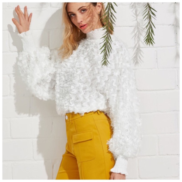 Eggshell White Feather Textured Mock Neck Top - Picture 4 of 6